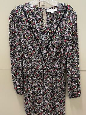 LOFT Black Floral Faux-Wrap Dress with Pink and Yellow Blooms